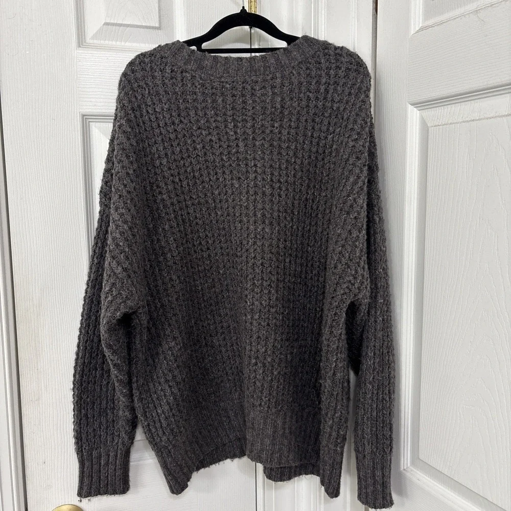 American Eagle Women's Whoa So Cozy Waffle Knit Sweater S Gray Oversized V-Neck